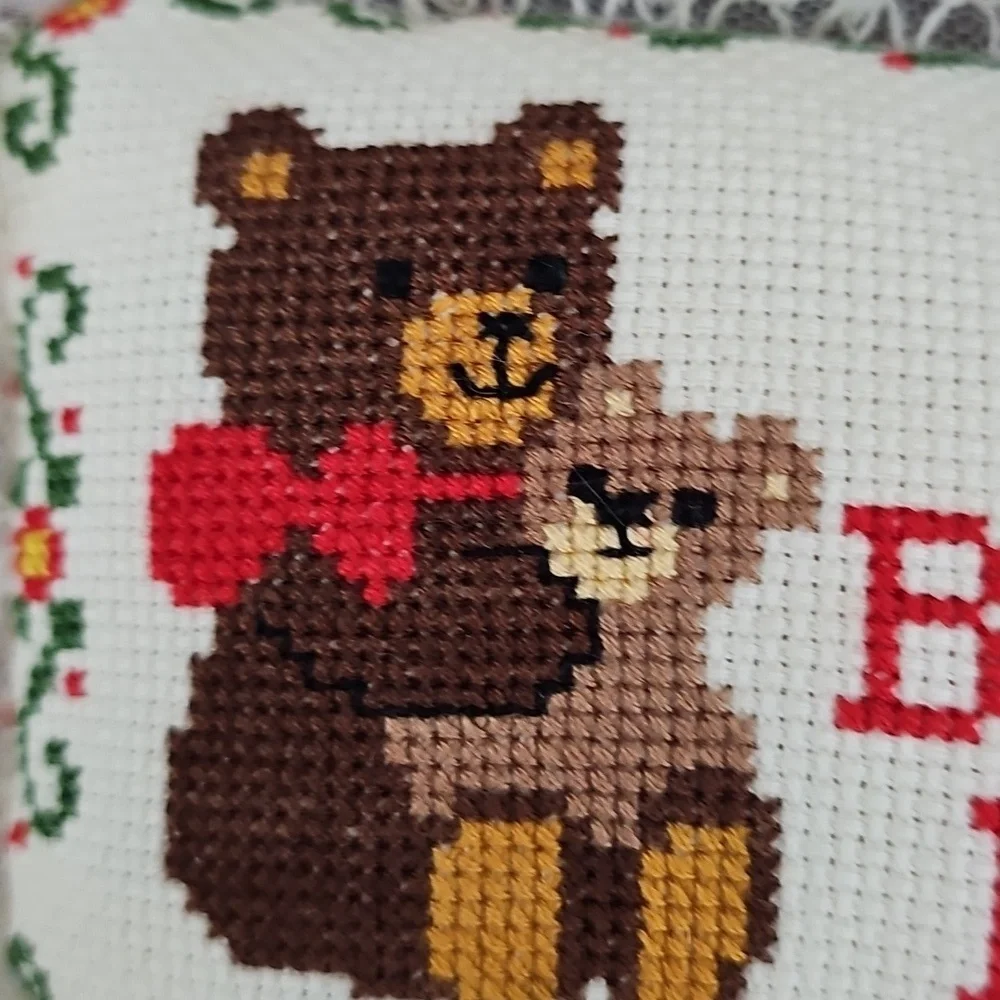 Holiday Vintage Cross Stitched Handcrafted Bear Hug Decorative Pillow